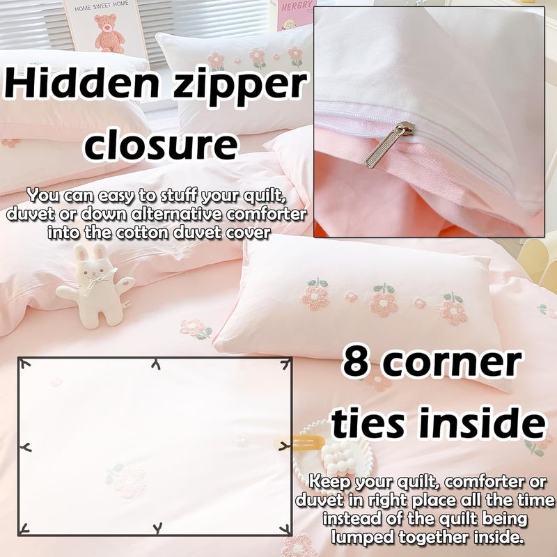 MorroMorn Cotton Duvet Cover Queen Size, 3D Embroidery Queen Bedding Sets Pink Bed Set, Cute Chenille Embroidered Comforter Covers Soft Breathable for Girls Boys Kids Teen (Flowers Pink, Full/Queen) - Image 4